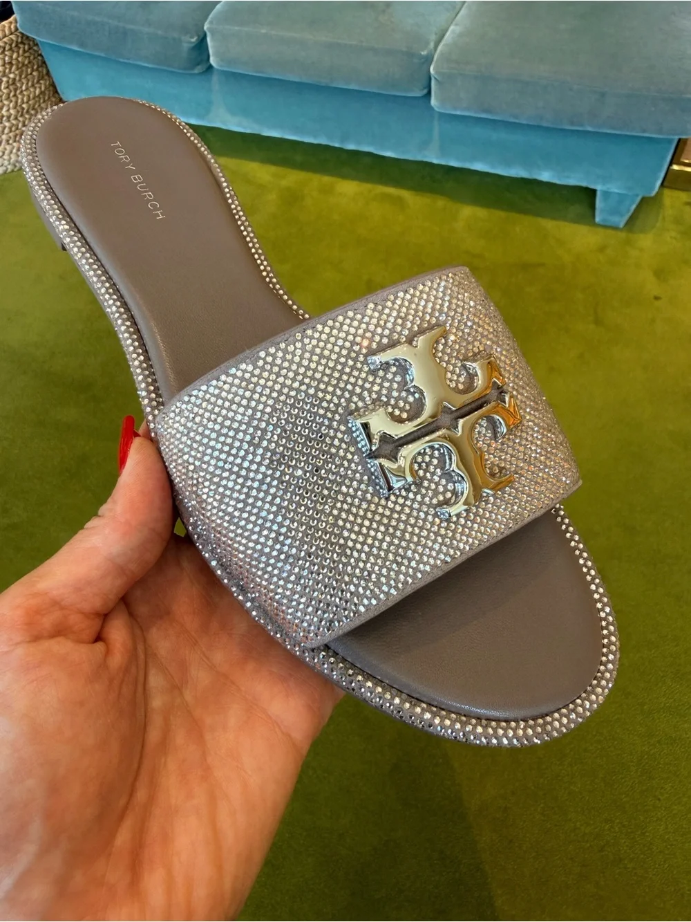 $375‎ Tory Burch Everly Rhinestone Slide Sandals, Dark Clay / Silver, RUNS SMALL